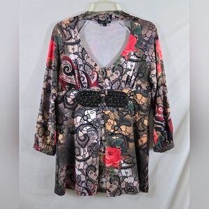 Boho Chic Women's Floral Lace Print Faux Belt Top Size Large Made In USA